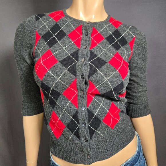 Y2K Argyle Lambs Wool Cardigan Size S Gray Fitted Preppy Academia Emo Punk 2000s - Picture 2 of 9